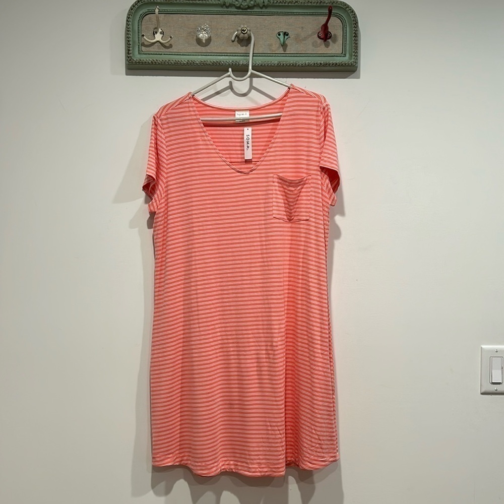 SOMA Short-sleeve mini T-shirt dress coral salmon white striped large new w tags